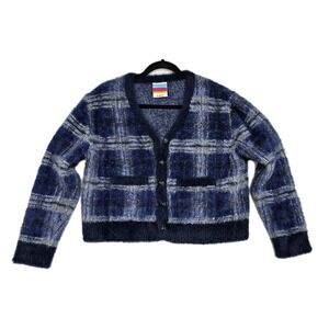 UNIF Cardigan Sweater Women Large Fuzzy Plaid V Neck Button Front Pockets Jumper